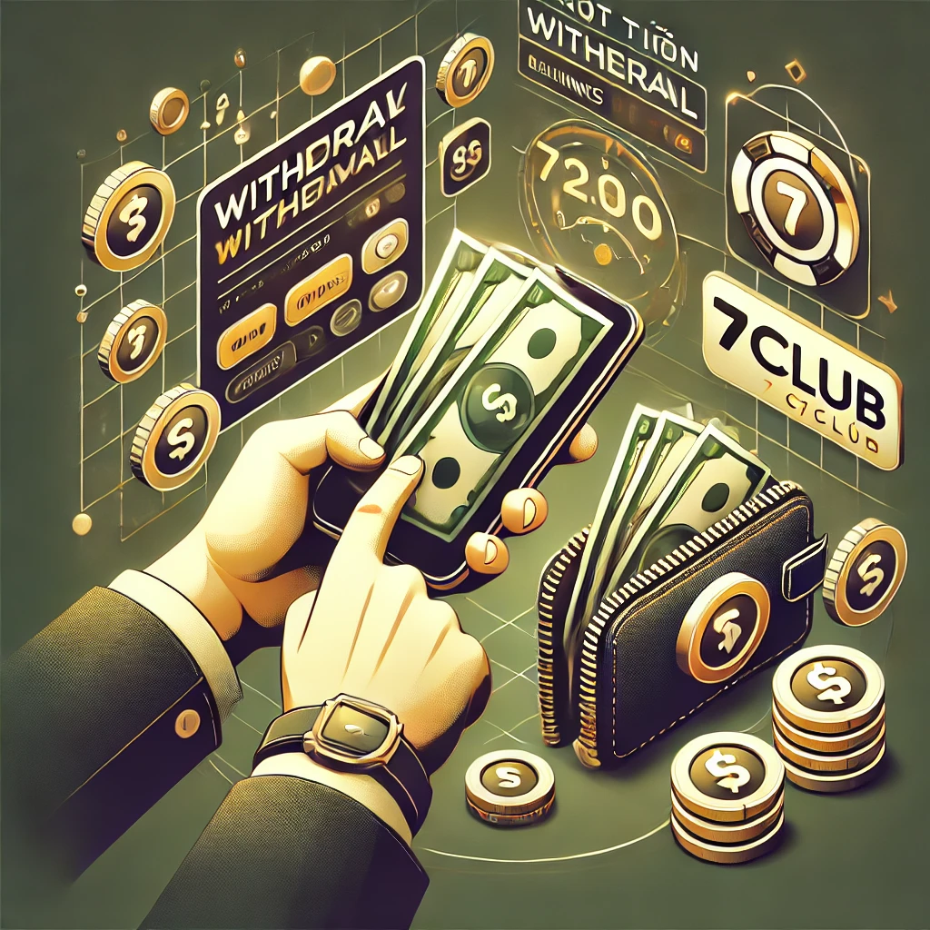 DALL·E 2024 11 23 21.34.46 A professional and visually appealing digital illustration representing money withdrawal from a gaming platform specifically for 7club. The design
