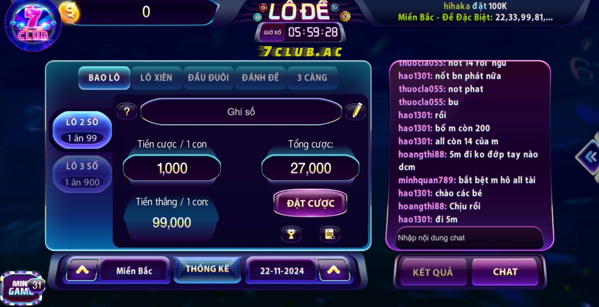 game lô đề 1 ăn 99 tại 7club 789 club